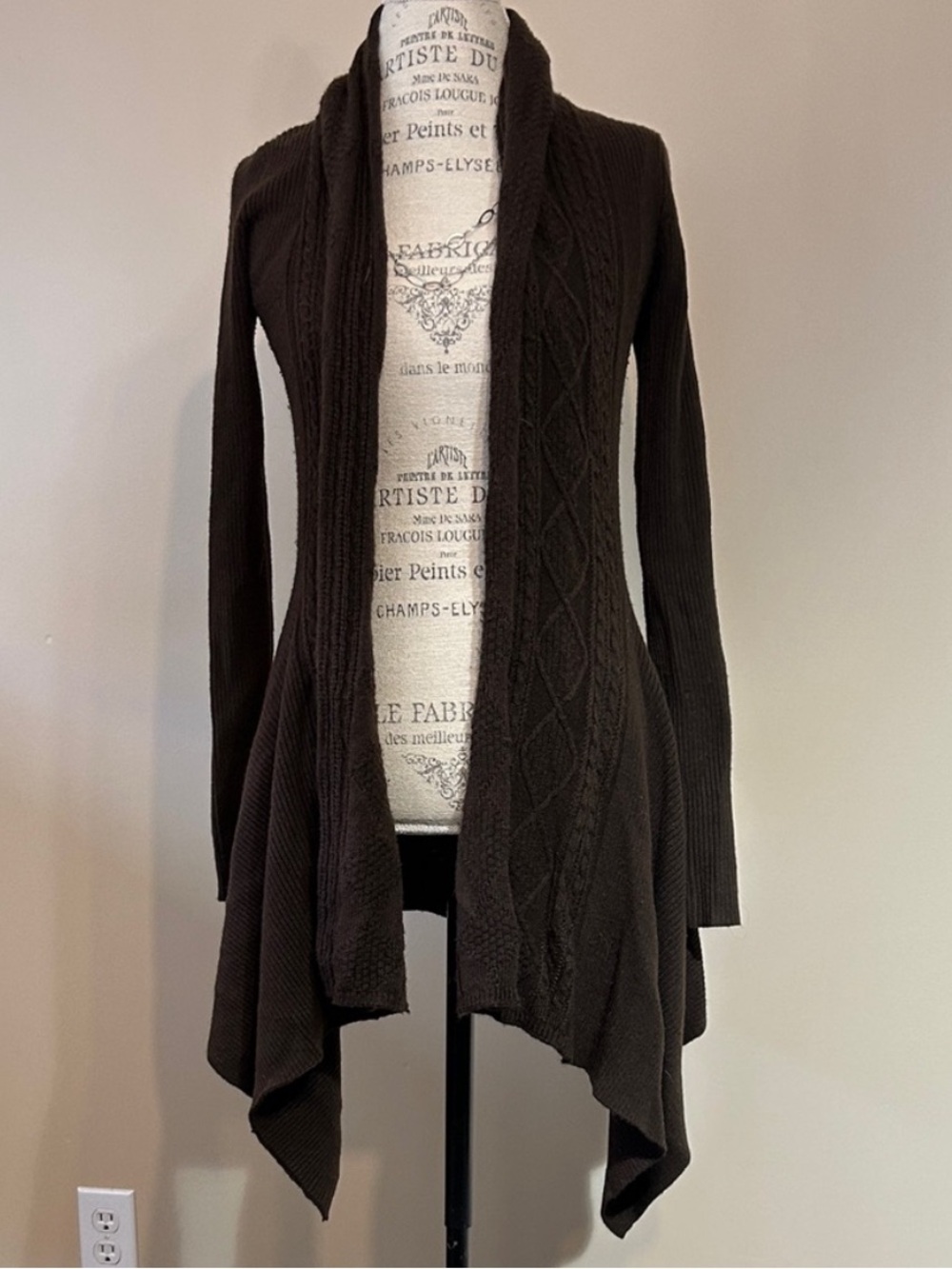 Long Open-Front Cardigan, Brown (size small)